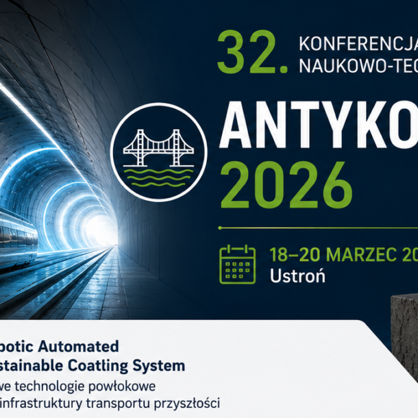 Grafika promująca konferencję Antykorozja 2026 w Ustroniu prezentująca projekt RASCOS dotyczący badań farb i nowoczesnych technologii powłokowych dla infrastruktury transportu przyszłości. Na ilustracji widoczny jest futurystyczny transport, zrobotyzowany system aplikacji powłok oraz informacje o realizacji projektu w ramach Programu Szwajcarsko-Polskiej Współpracy.