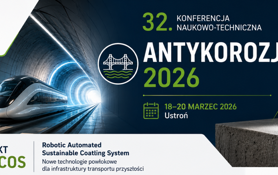 Grafika promująca konferencję Antykorozja 2026 w Ustroniu prezentująca projekt RASCOS dotyczący badań farb i nowoczesnych technologii powłokowych dla infrastruktury transportu przyszłości. Na ilustracji widoczny jest futurystyczny transport, zrobotyzowany system aplikacji powłok oraz informacje o realizacji projektu w ramach Programu Szwajcarsko-Polskiej Współpracy.